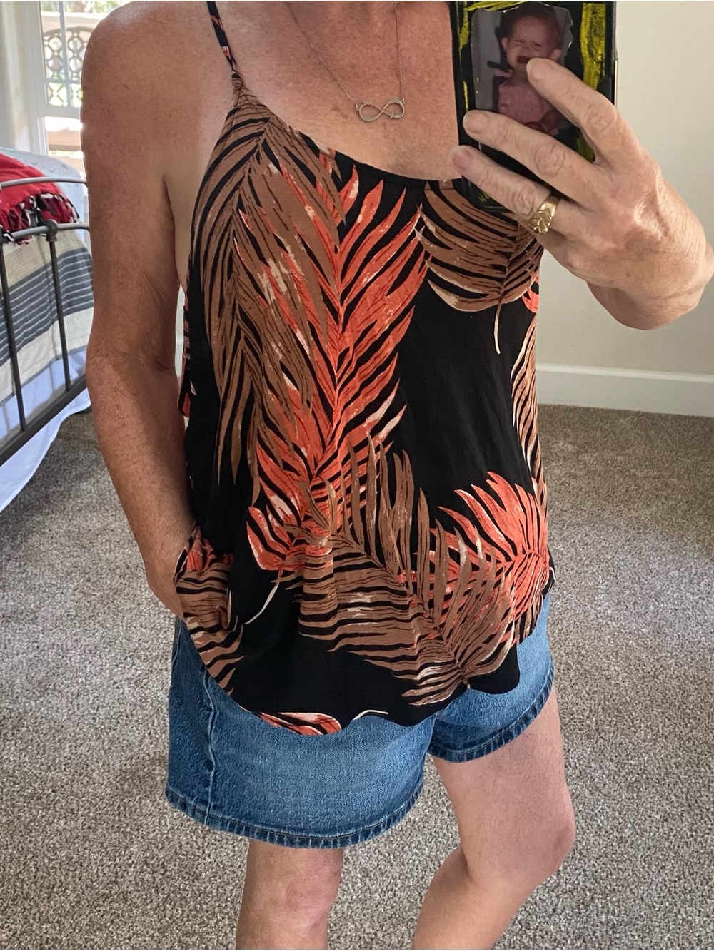 VENUS Black Tank Top with Coral and Brown Palm Print